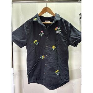 PacSun Mens Black Floral Embroidered Dream Fever Short Sleeve Button Down L